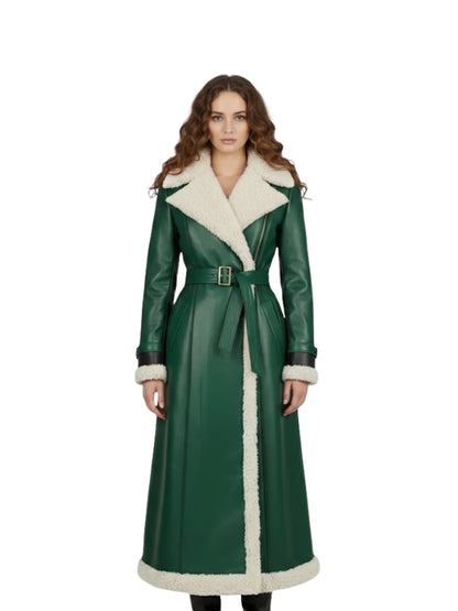 Women's Cream Shearling Belt Green Leather Trench Coat