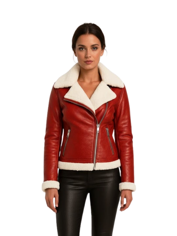 Women's Cream Shearling Red Leather Jacket