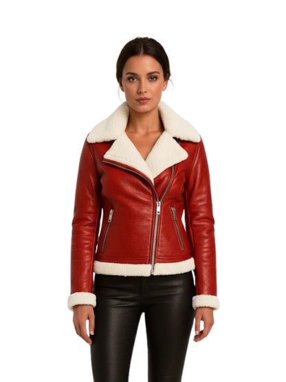 Women's Cream Shearling Red Leather Jacket