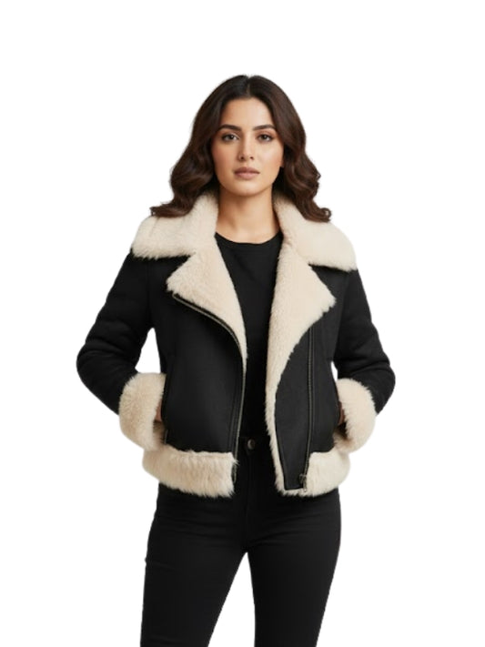 Woman wearing a black and beige shearling jacket on a white background