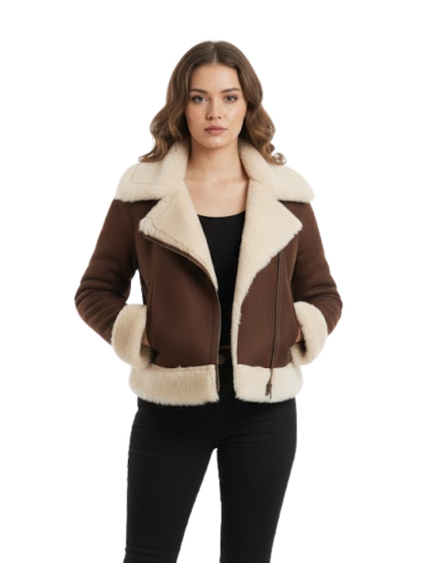 Woman wearing a brown jacket with white fur trim on a white background