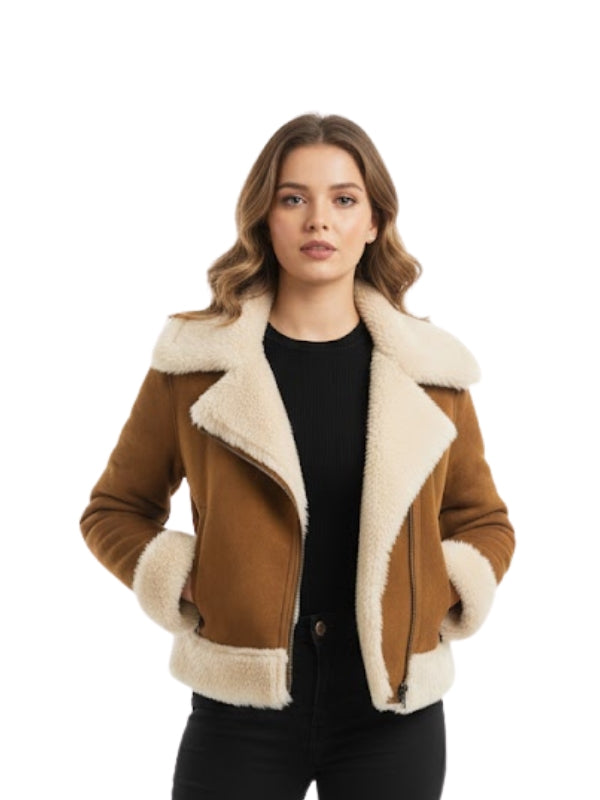 Woman wearing a brown shearling jacket with white fur trim on a white background