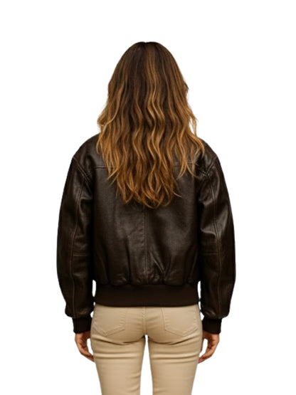 Person wearing a brown leather jacket on a white background