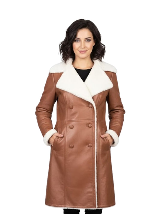Woman wearing a brown leather coat with white fur trim on a white background