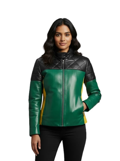 Woman wearing a green and black leather jacket on a white background