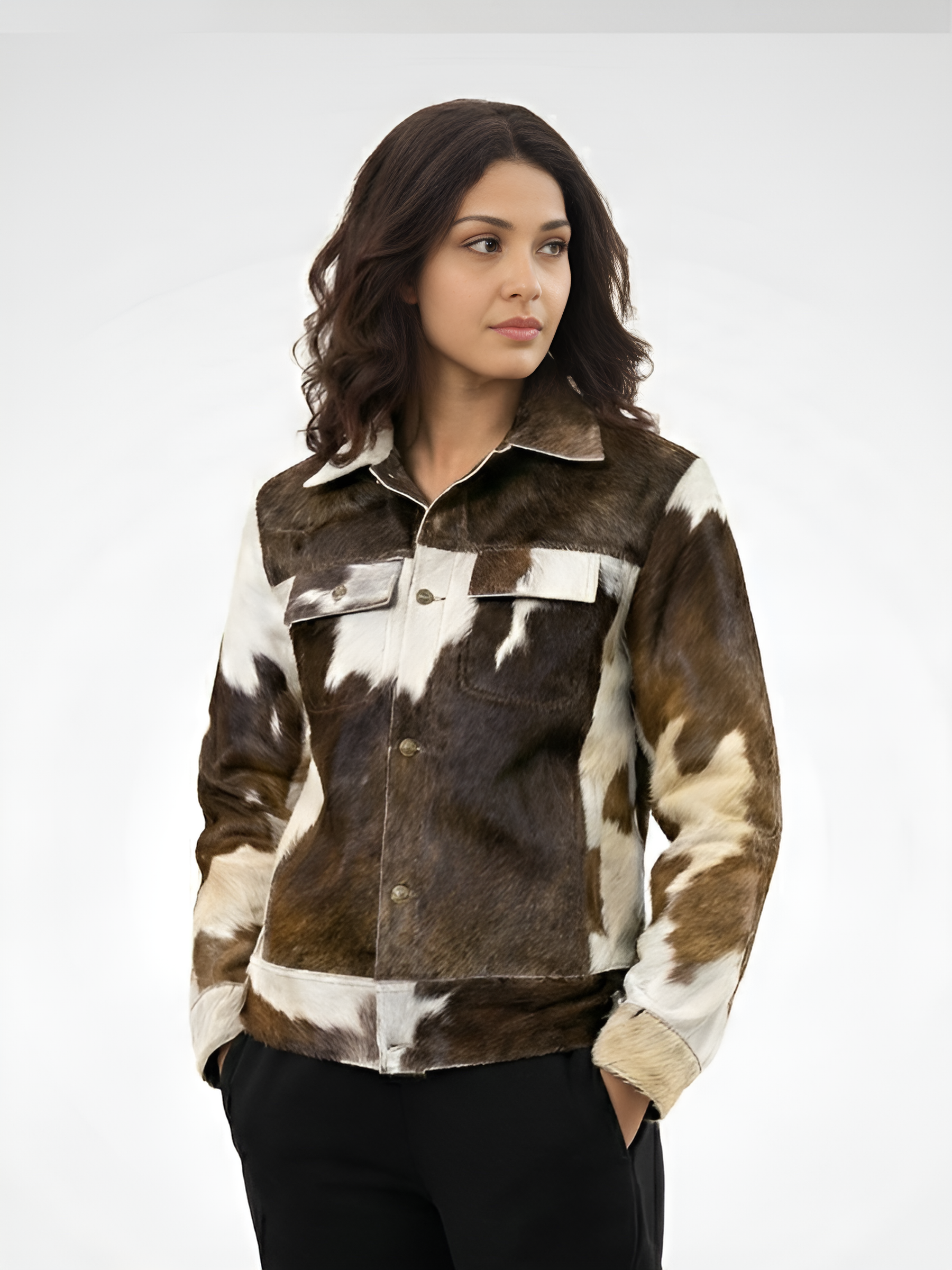 Woman wearing a brown and white cowhide jacket on a white background