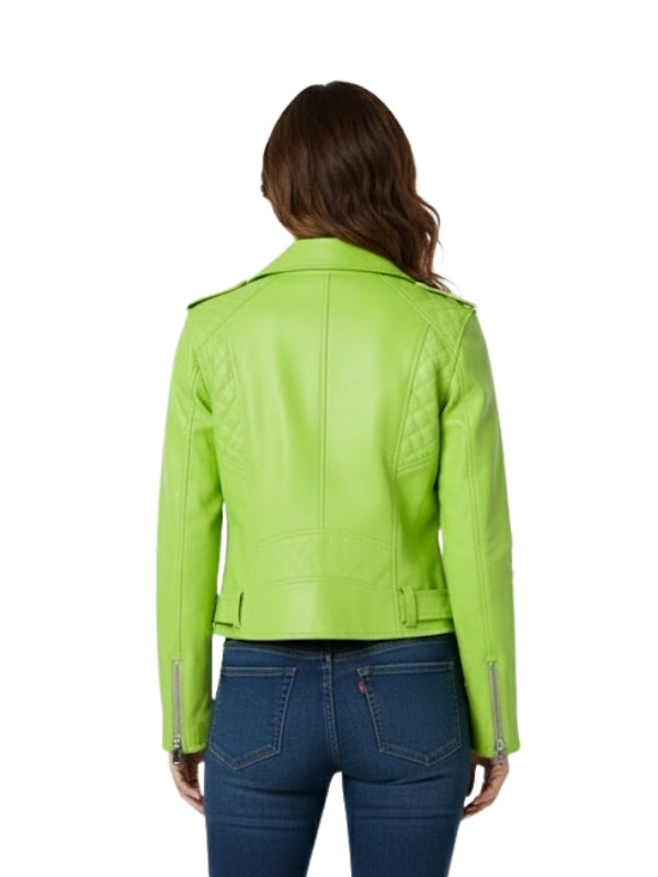 Person wearing a bright green leather jacket on a white background