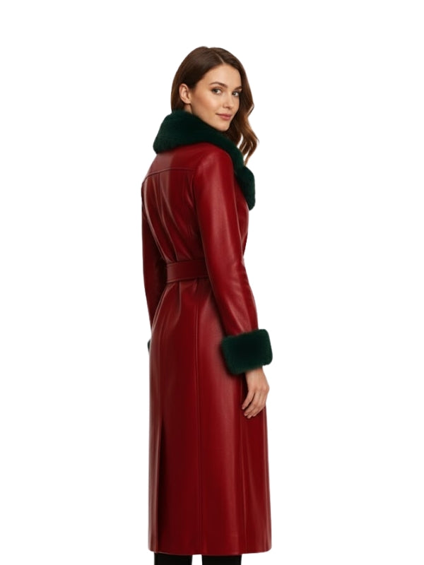 Women's Green Classic Shearling with Belted Red Leather Trench Coat