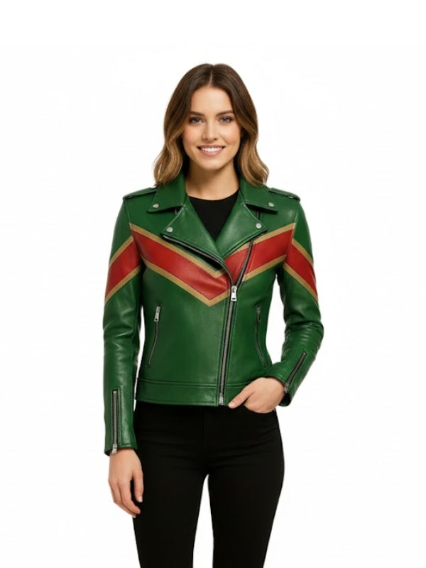  Women's Green Leather Biker Jacket