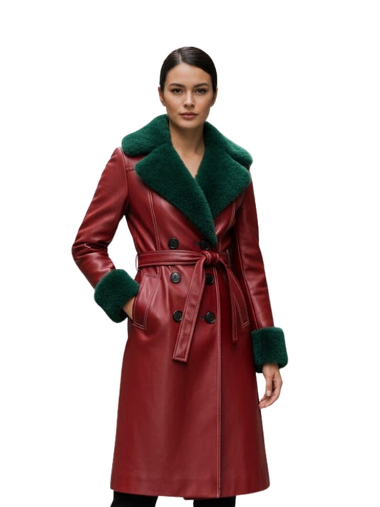Women's Green Shearling Belted Red Leather Trench Coat