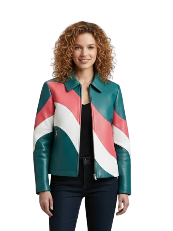 Woman wearing a colorful jacket with a white background