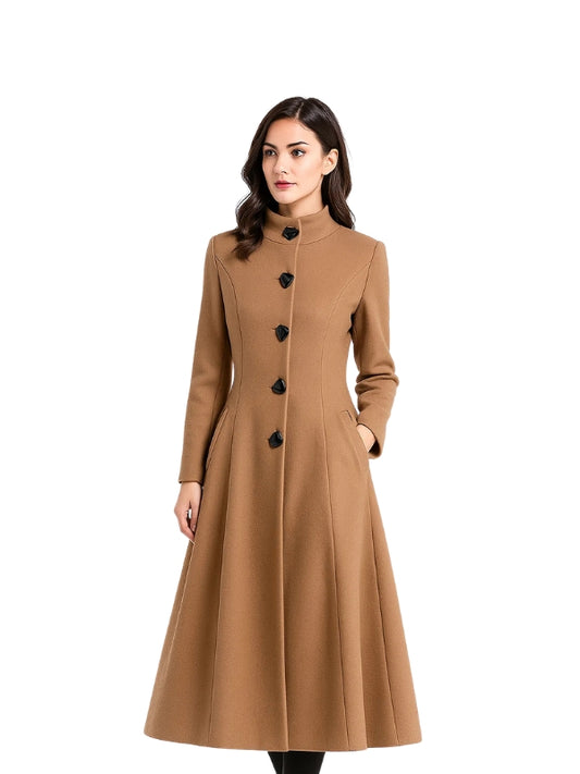 Woman wearing a brown coat on a white background