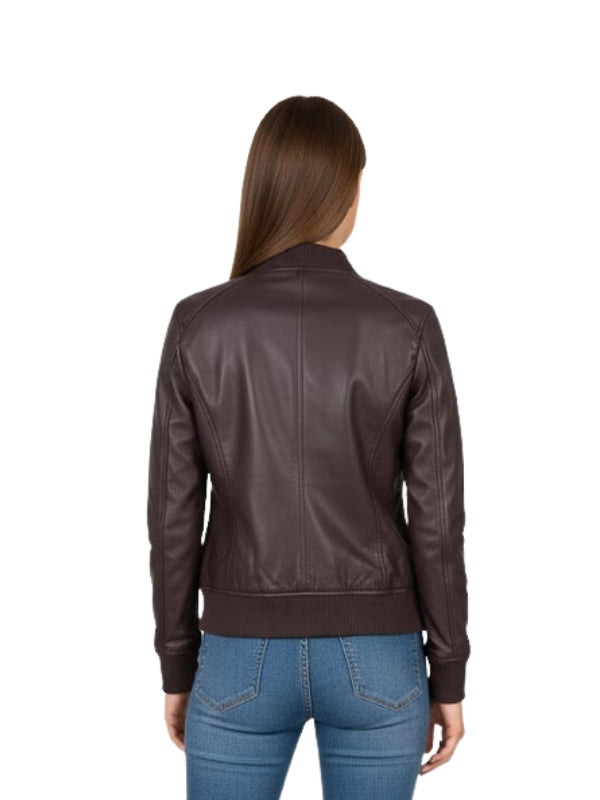 Brown leather jacket worn by a person on a white background