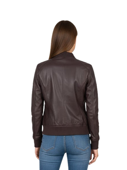 Brown leather jacket worn by a person on a white background