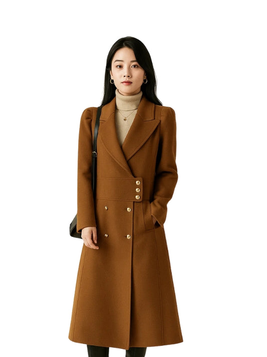 Woman wearing a brown coat on a white background