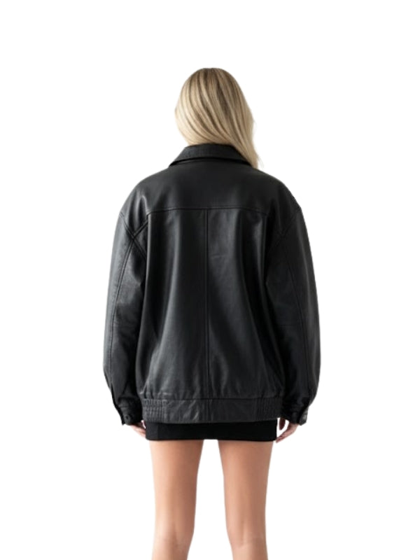 Person wearing a black leather jacket on a white background