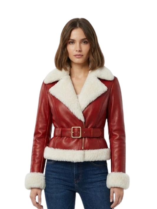 Red leather jacket with white fur trim worn by a model on a white background