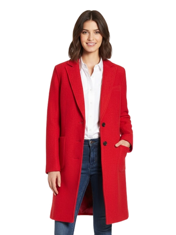 Woman wearing a red coat on a white background