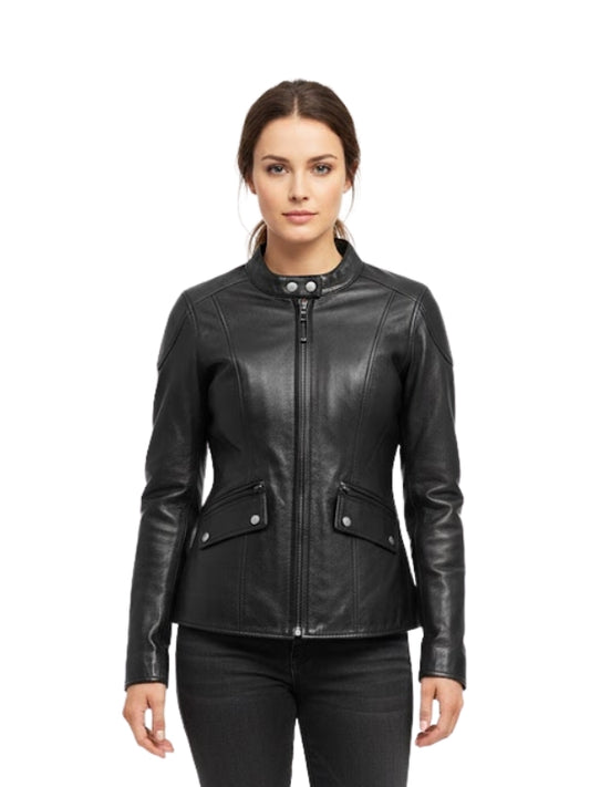 Woman wearing a black leather jacket on a white background