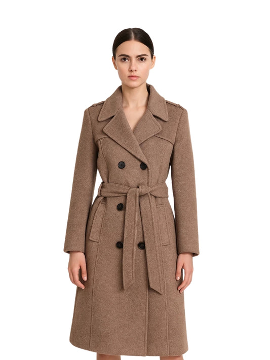 Woman wearing a brown coat on a white background
