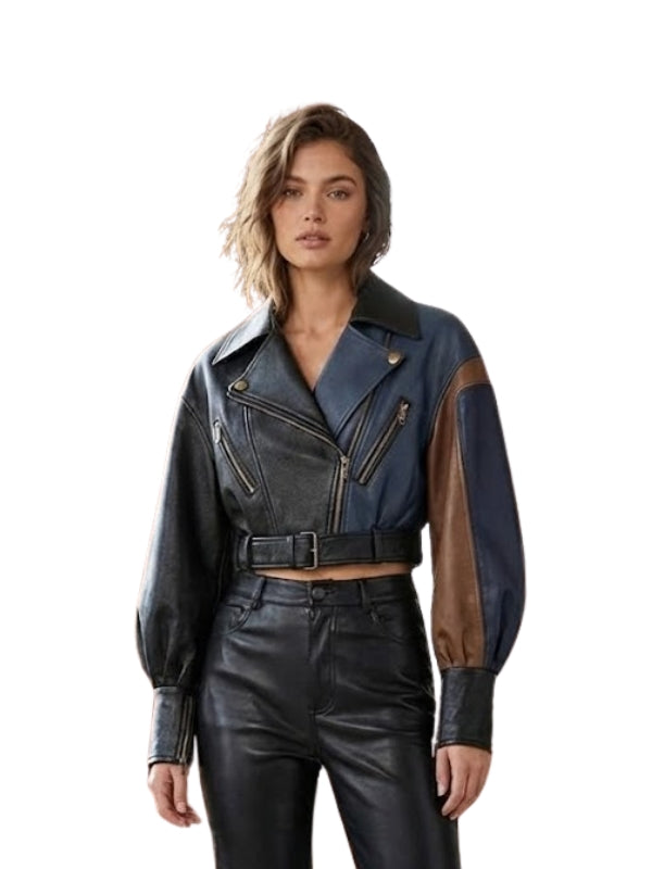 Woman wearing a black and brown leather jacket on a white background