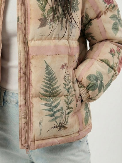 Floral and botanical patterned puffer jacket on a white background