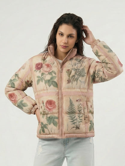 Woman wearing a floral-patterned puffer jacket on a white background
