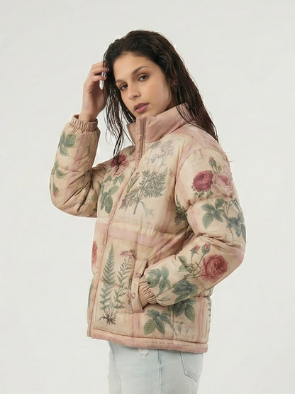 Woman wearing a floral-patterned jacket on a plain background