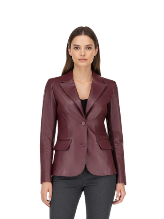 Woman wearing a burgundy leather blazer on a white background