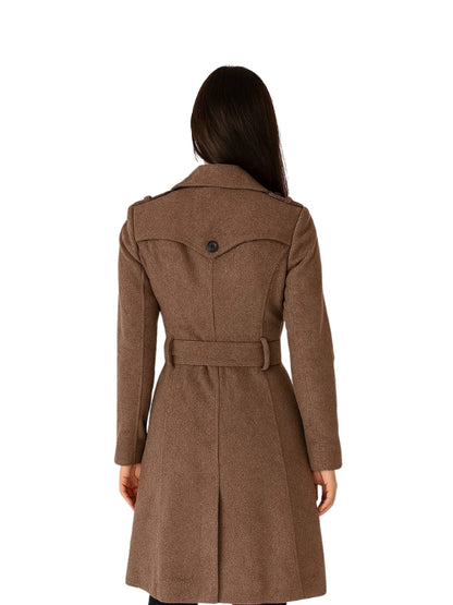 Brown coat worn by a person on a white background