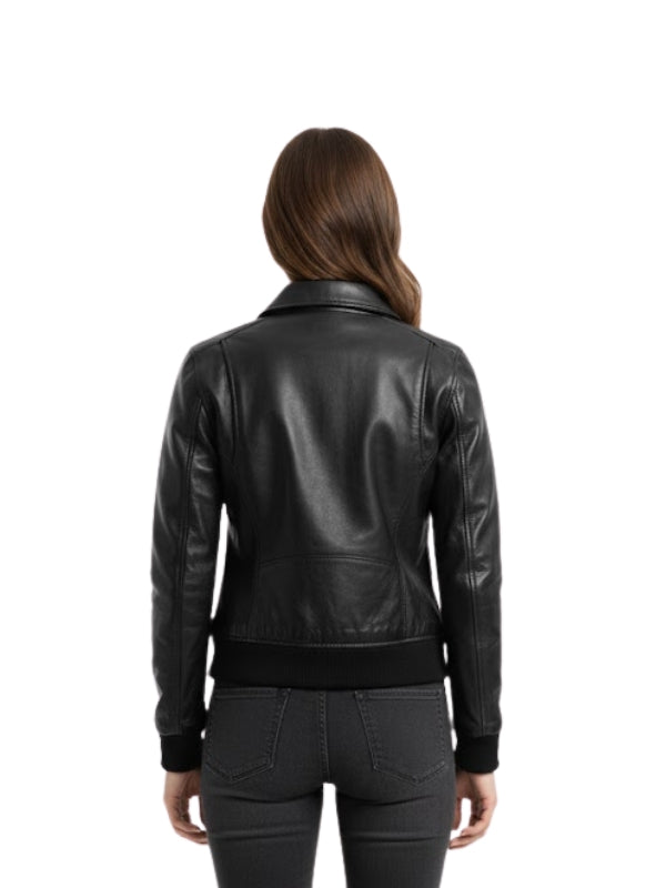 Person wearing a black leather jacket on a white background