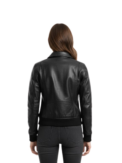 Person wearing a black leather jacket on a white background