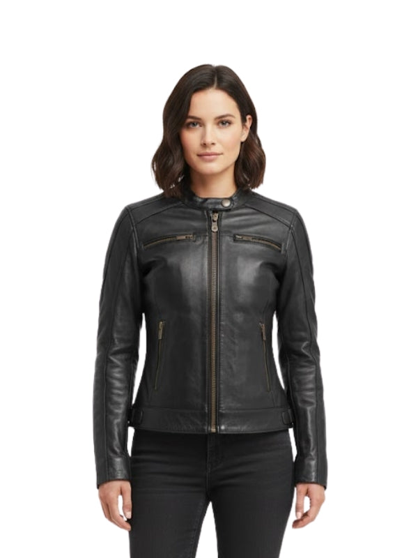 Woman wearing a black leather jacket on a white background