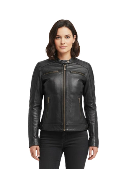 Woman wearing a black leather jacket on a white background