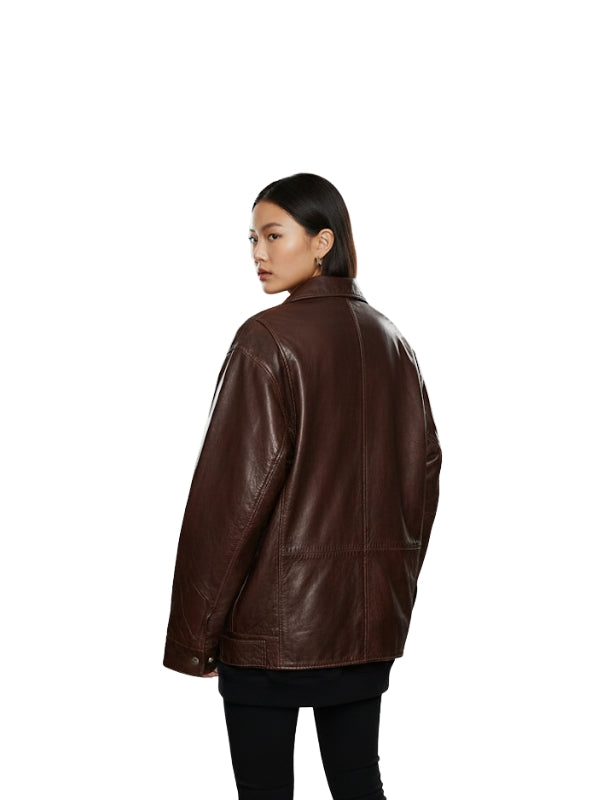 Women's Olivia Brown Oversized Leather Jacket