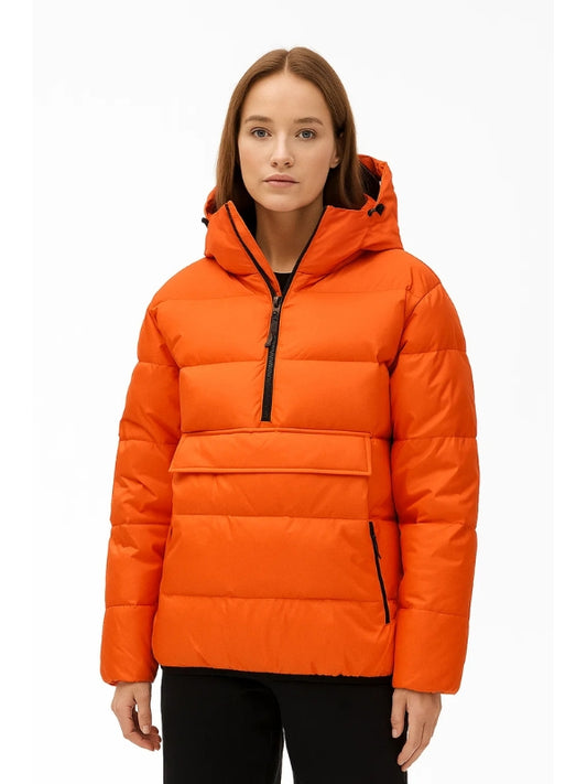 Person wearing an orange puffer jacket on a white background