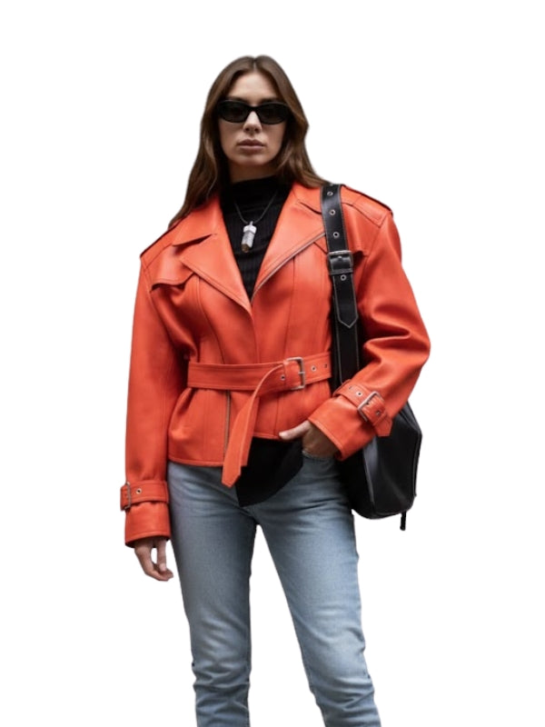 Person wearing an orange leather jacket with a black bag on a white background