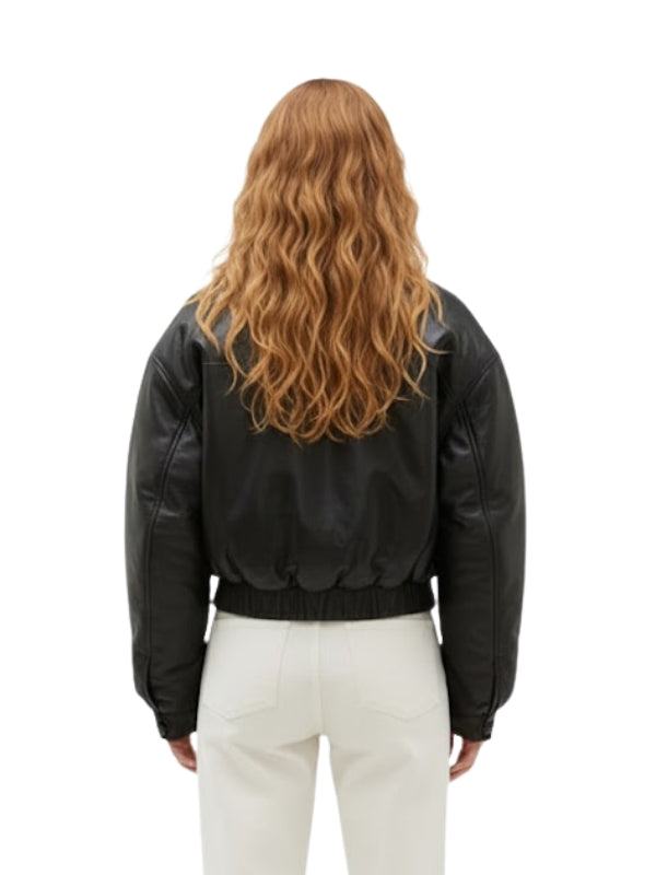 Person wearing a black leather jacket from behind on a white background