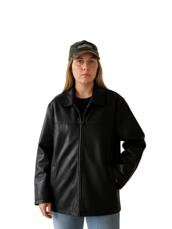Women's Oversized Black Leather Straight Fit Jacket