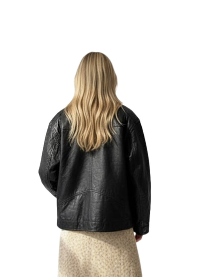 Person wearing a black leather jacket from behind on a white background