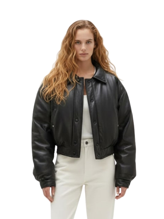 Woman wearing a black leather jacket on a white background
