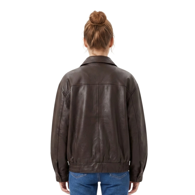 Person wearing a brown leather jacket on a white background