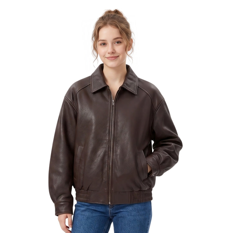 Woman wearing a brown leather jacket on a white background