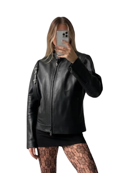Person wearing a black leather jacket on a white background