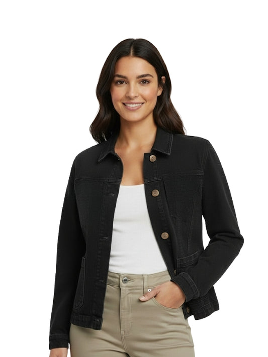 Women's Real Denim Viscose Lining Long Sleeves Black Leather Jacket