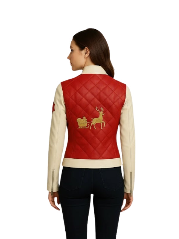 Women's Red And Beige Santa Reindeer Faux Leather Christmas Jacket