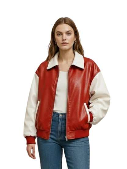 Woman wearing a red and white varsity jacket on a white background