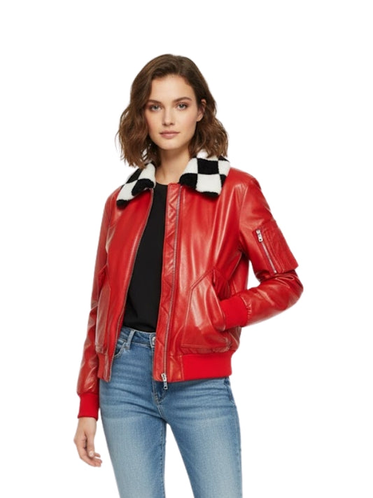 Woman wearing a red leather jacket with a checkered collar on a white background