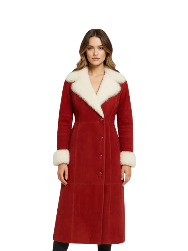  Women's Red Faux Fur Collar Long Winter Coat