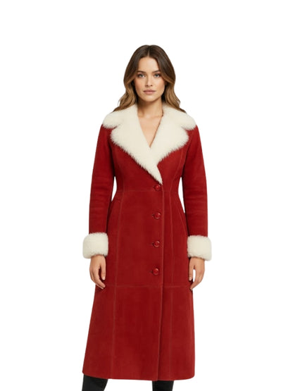  Women's Red Faux Fur Collar Long Winter Coat
